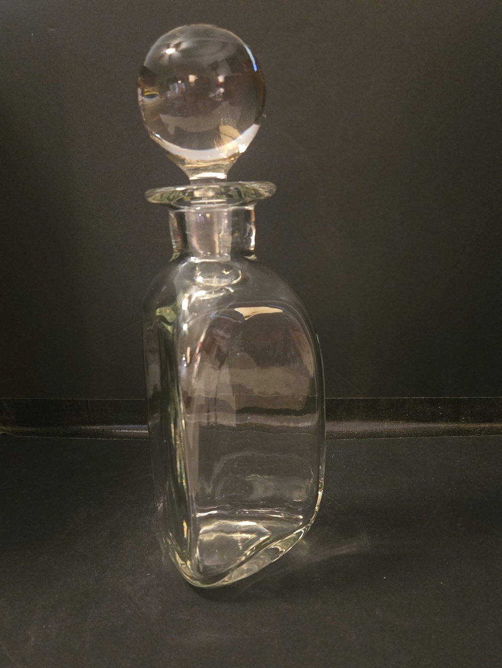 RARE FIND Vintage Clear Glass, Crystal?? Decanter Hand Blown with Round Stopper.